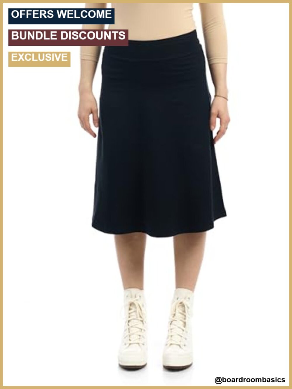 A-Line Flared Modest Skirt Cotton Blend Knee to Midi Length Pull-On